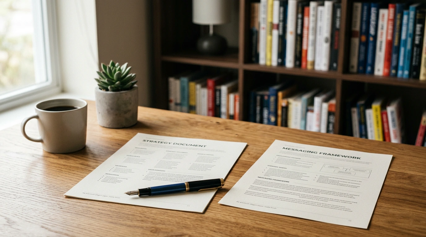 Strategic communication document on desk with pen and bookshelf background