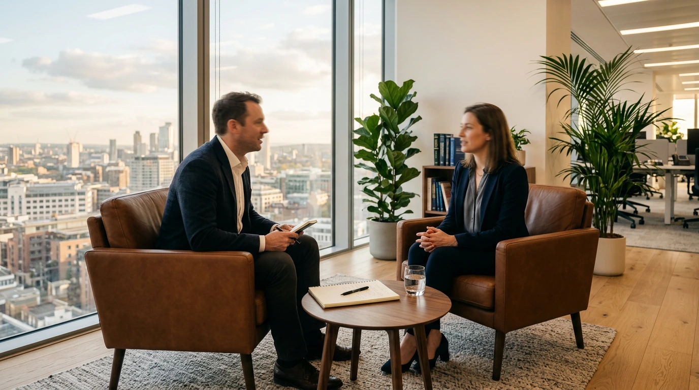 Executive coaching setting with leather chairs and natural light