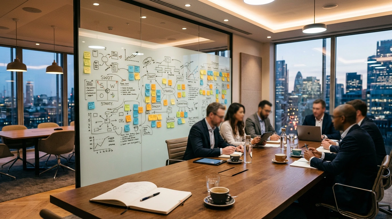 Strategy workshop room with whiteboard diagrams and modern conference setting