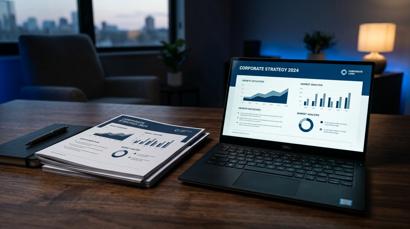 Corporate presentation materials on desk with laptop showing slide design