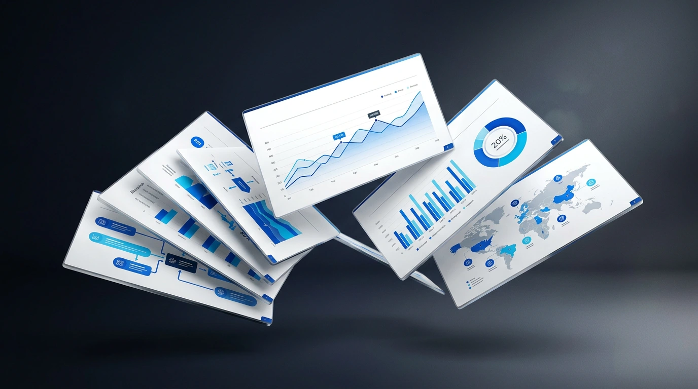 Multiple corporate presentation slides fanned out showing data visualizations