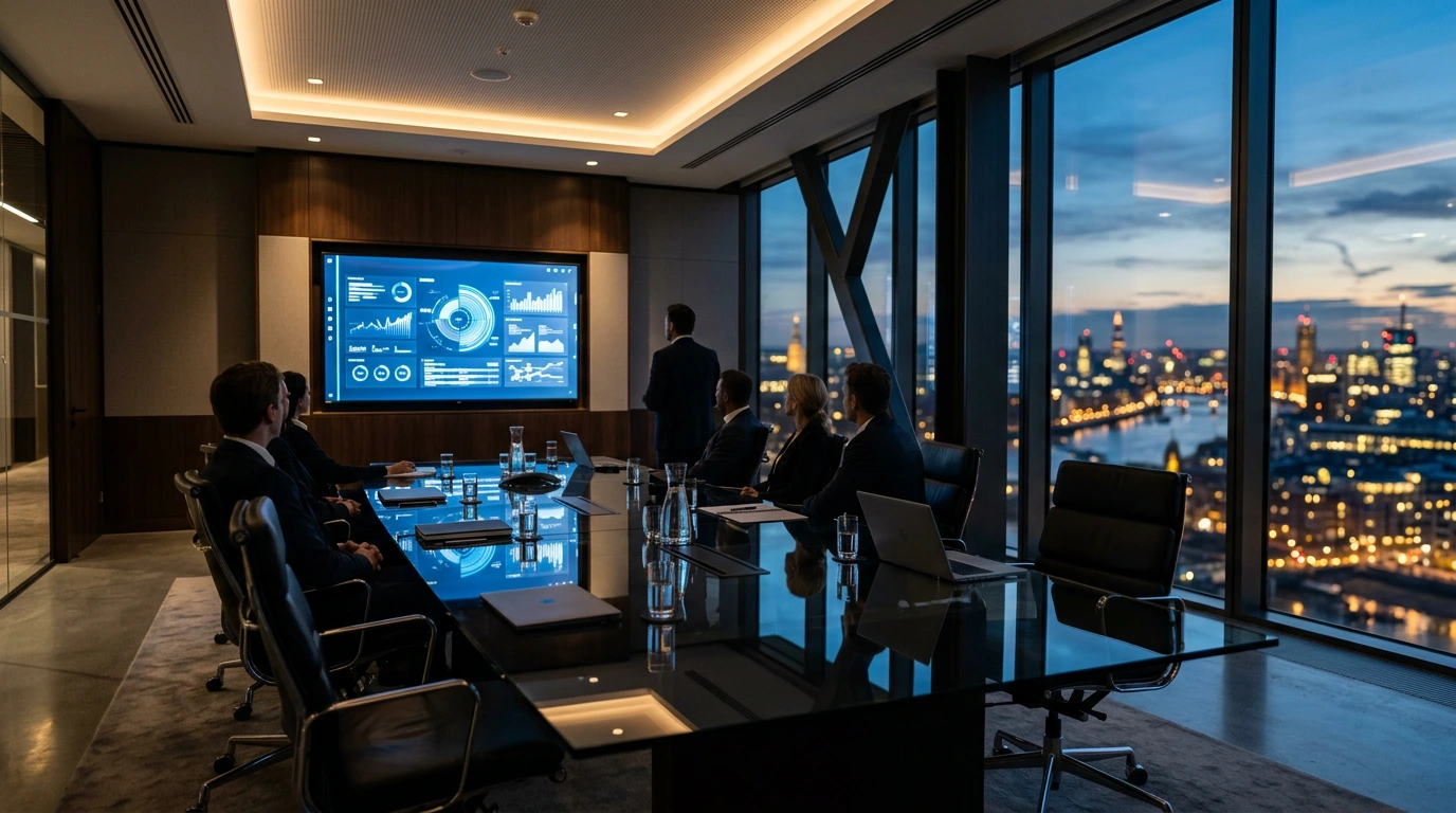 Modern corporate boardroom with presentation display and European city skyline