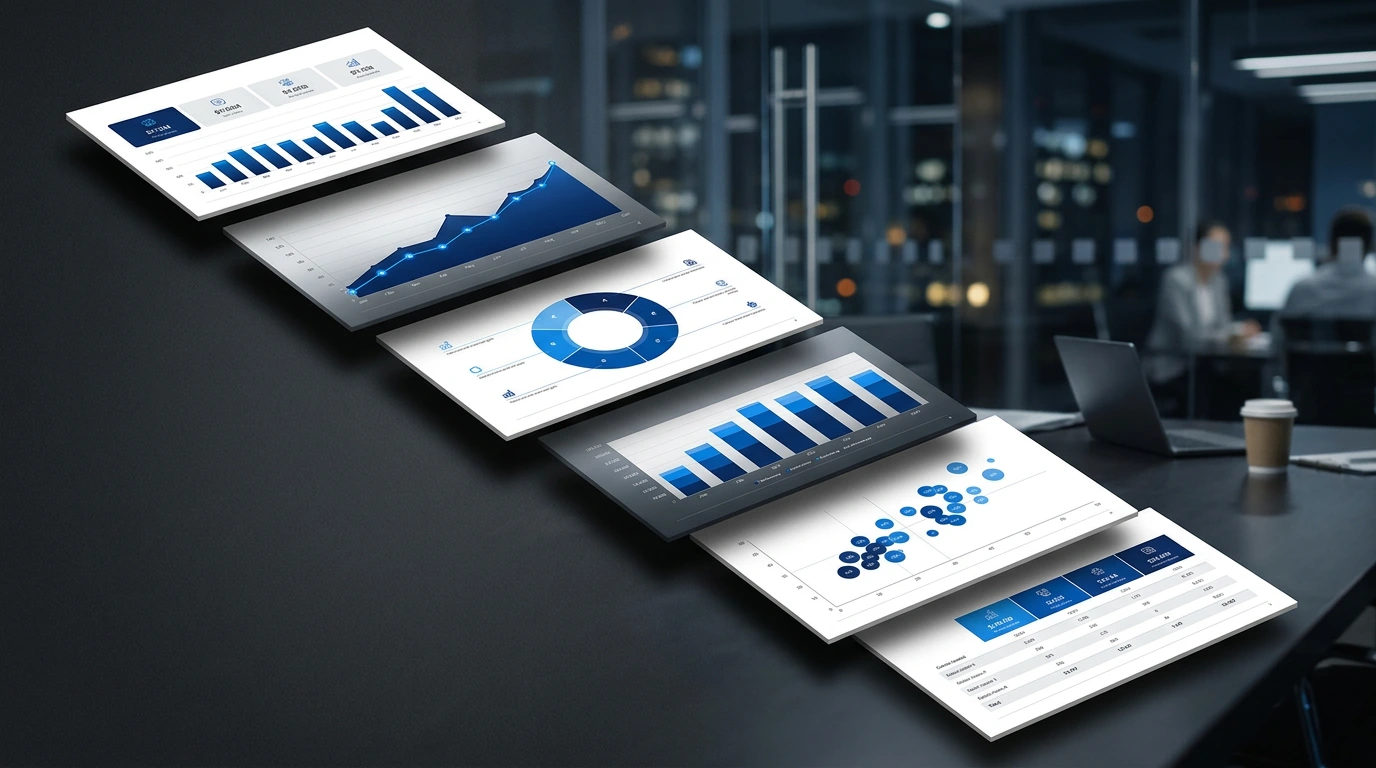 Investor presentation slides cascading on dark background with financial charts