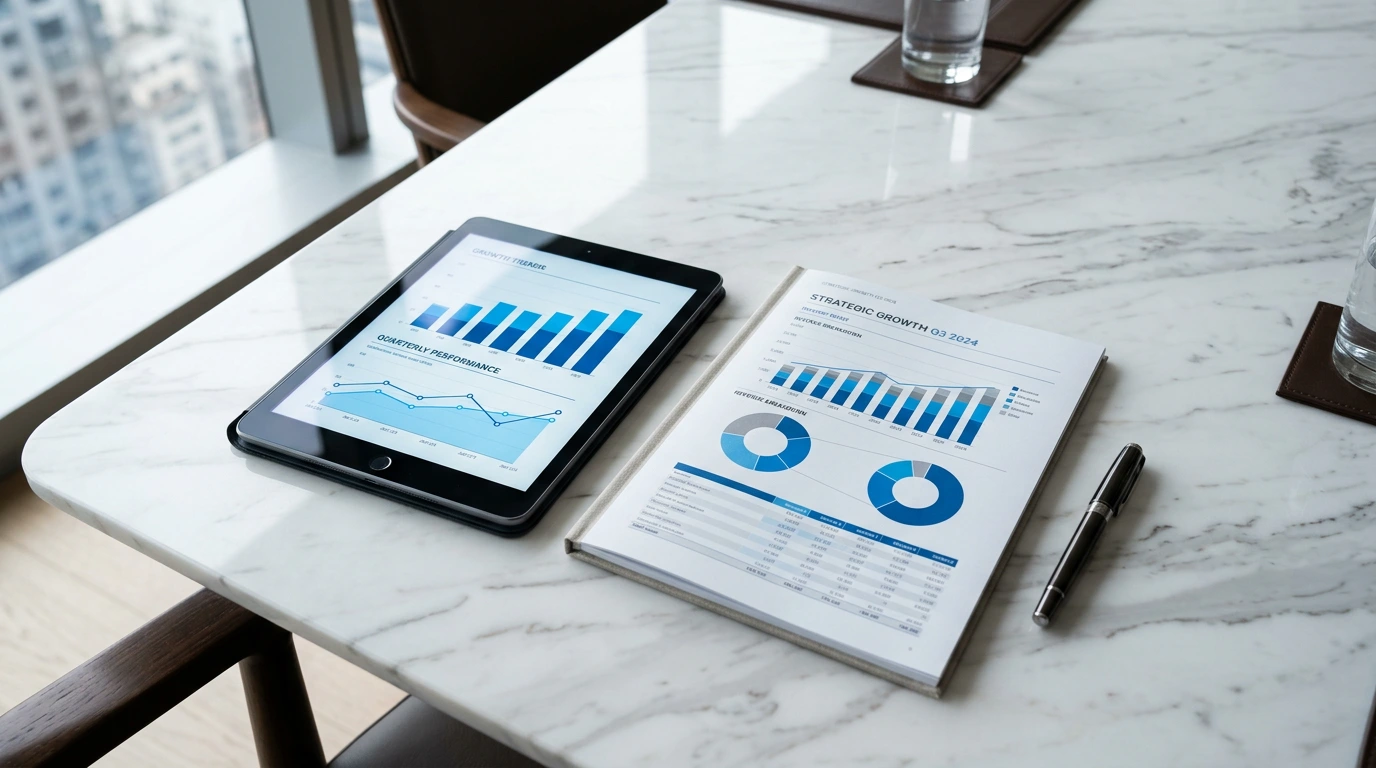 Investor presentation materials on marble table with financial charts and pen
