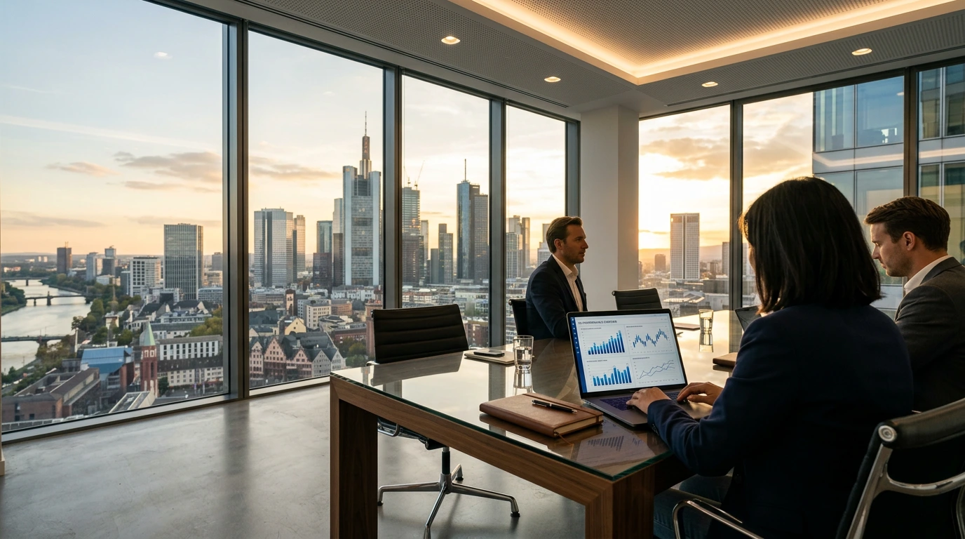 Frankfurt high-rise meeting room with financial district skyline and laptop showing investor presentation