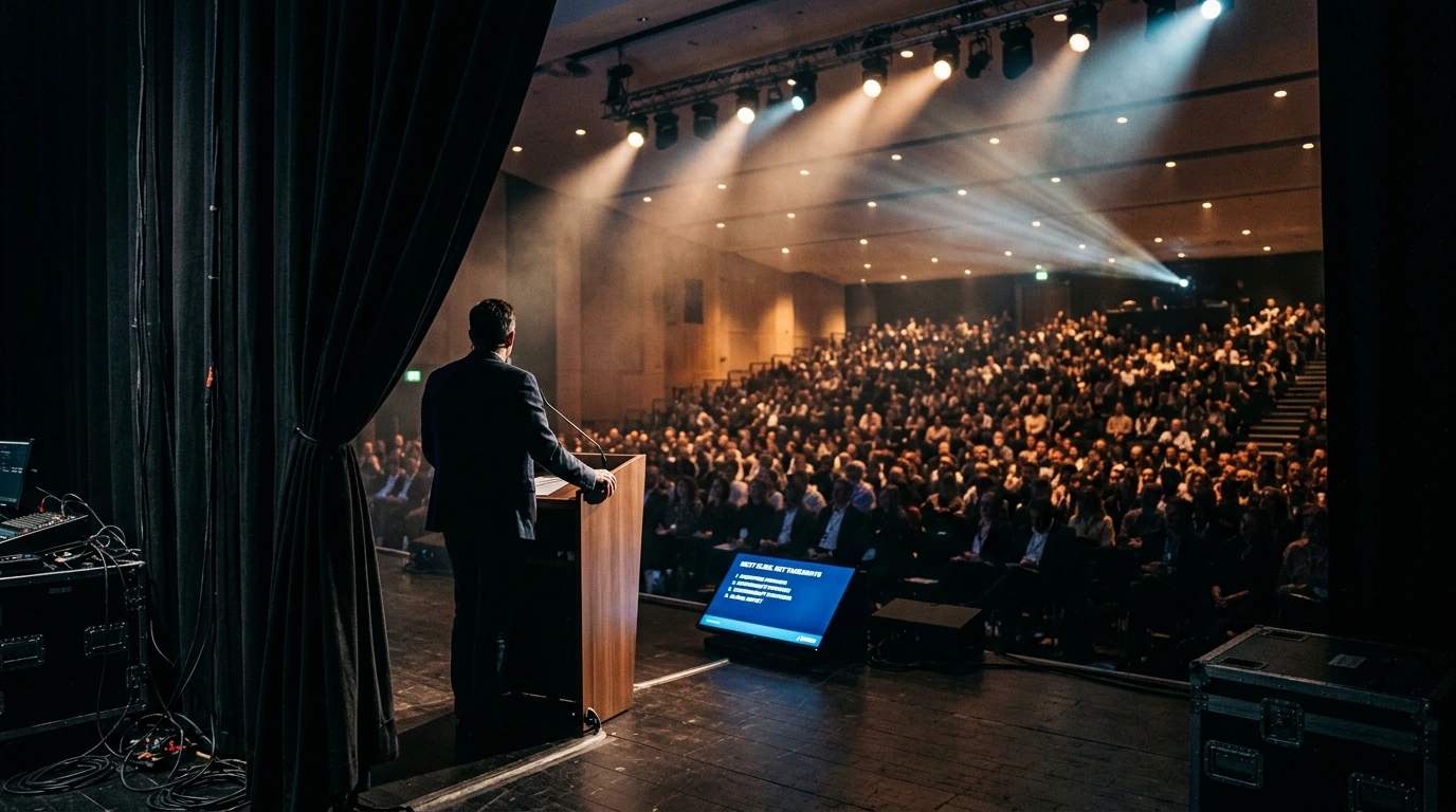 Backstage perspective of conference stage with confidence monitor and audience