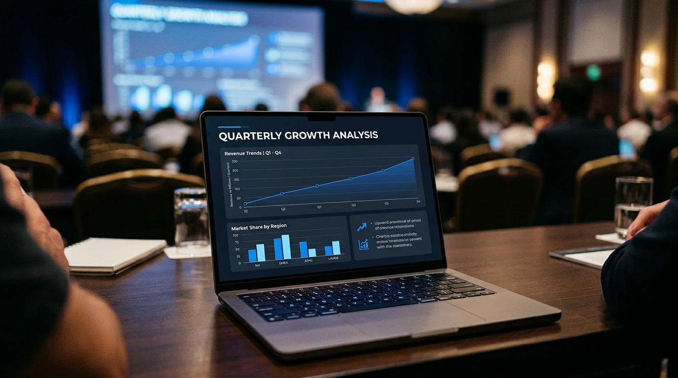 Keynote presentation slide on laptop screen with conference setting in background