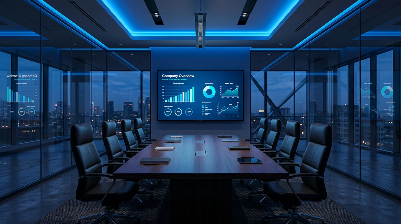 Professionelle Firmenpräsentation auf großem Bildschirm im modernen Konferenzraum