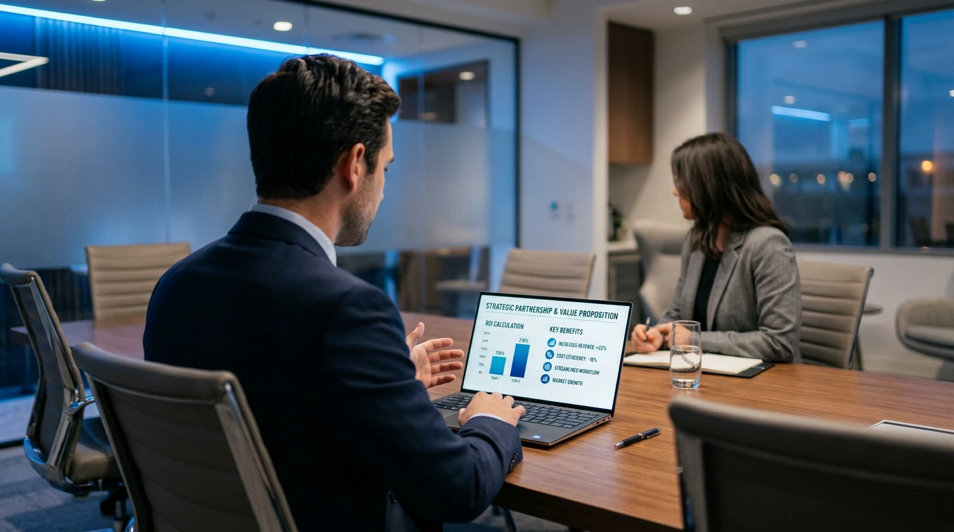 Vertriebspräsentation erstellen lassen – Sales Deck auf Laptop im Kundengespräch