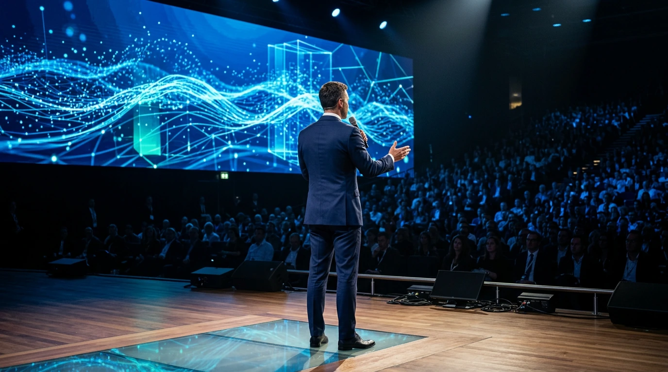 Redner auf einer modernen Konferenzbühne vor großem Bildschirm