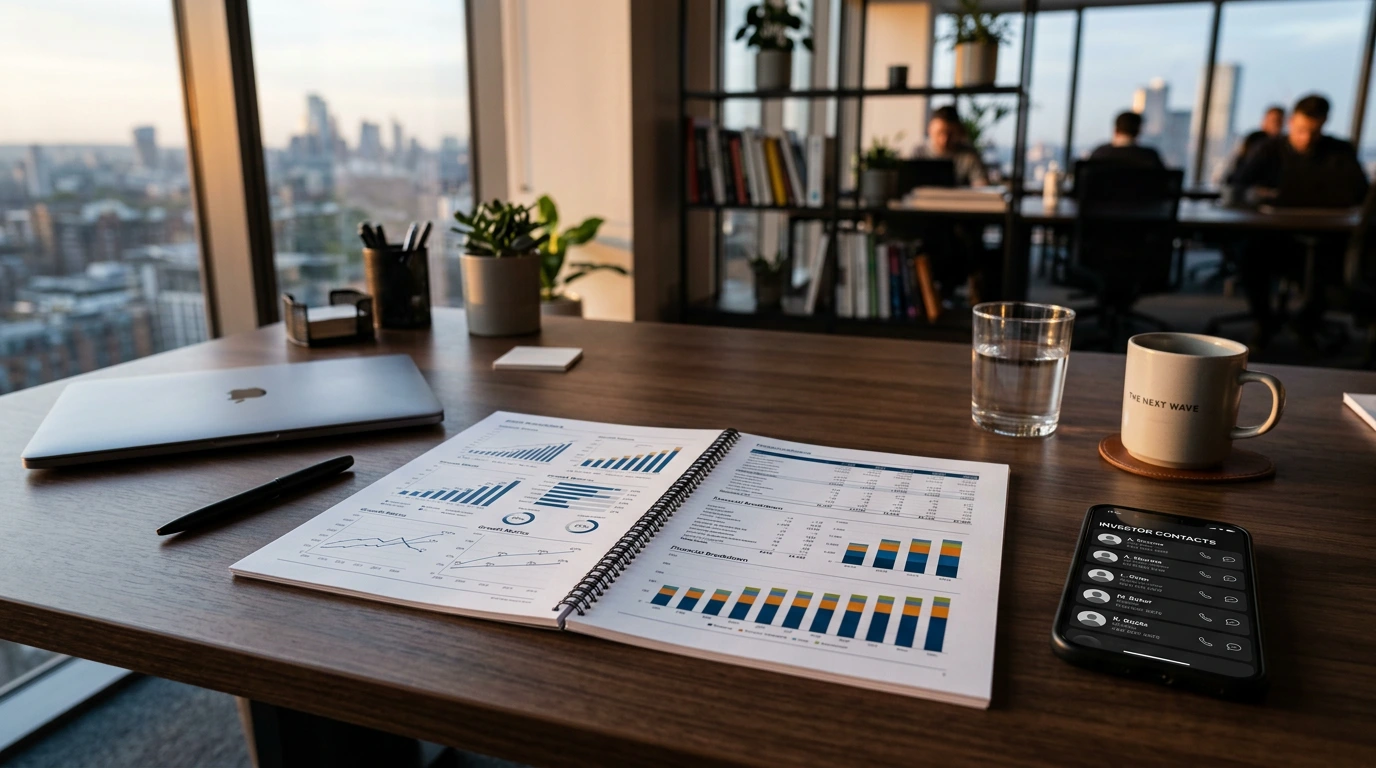 Founder's desk with printed pitch deck showing financial charts and growth metrics