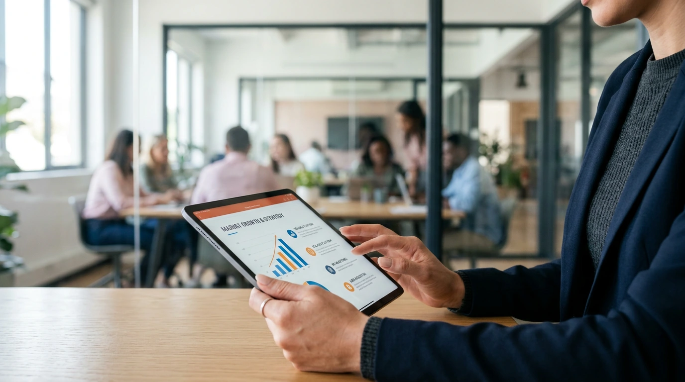 Hände halten Tablet mit Präsentationsfolien in einem Coworking-Space