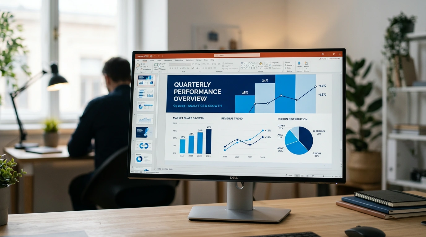 Monitor zeigt professionell gestaltete PowerPoint-Folie mit Datenvisualisierung