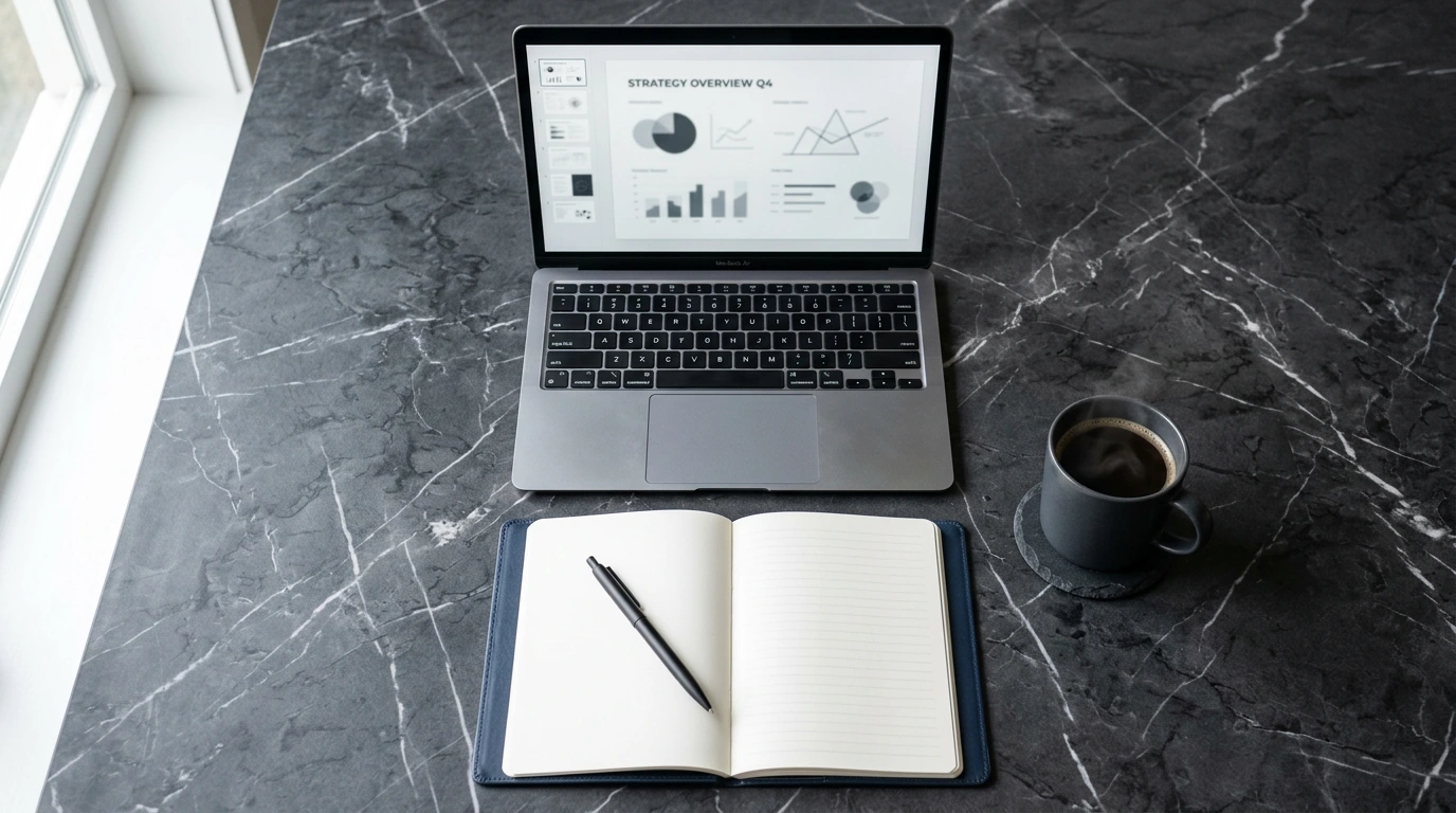 Premium Business-Materialien und Laptop mit Präsentation auf dunklem Marmor