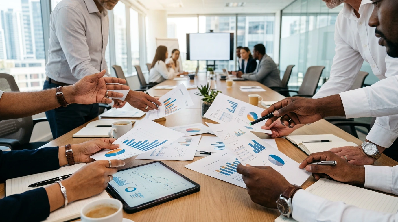 International team reviewing presentation materials around a conference table