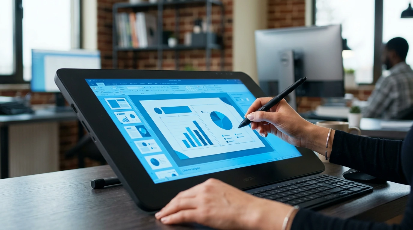 Designer creating a slide layout on a drawing tablet with digital pen