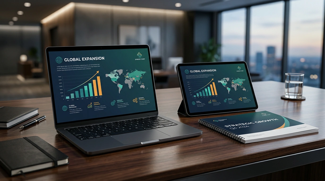 Presentation displayed across laptop, tablet, and print showing cross-platform consistency