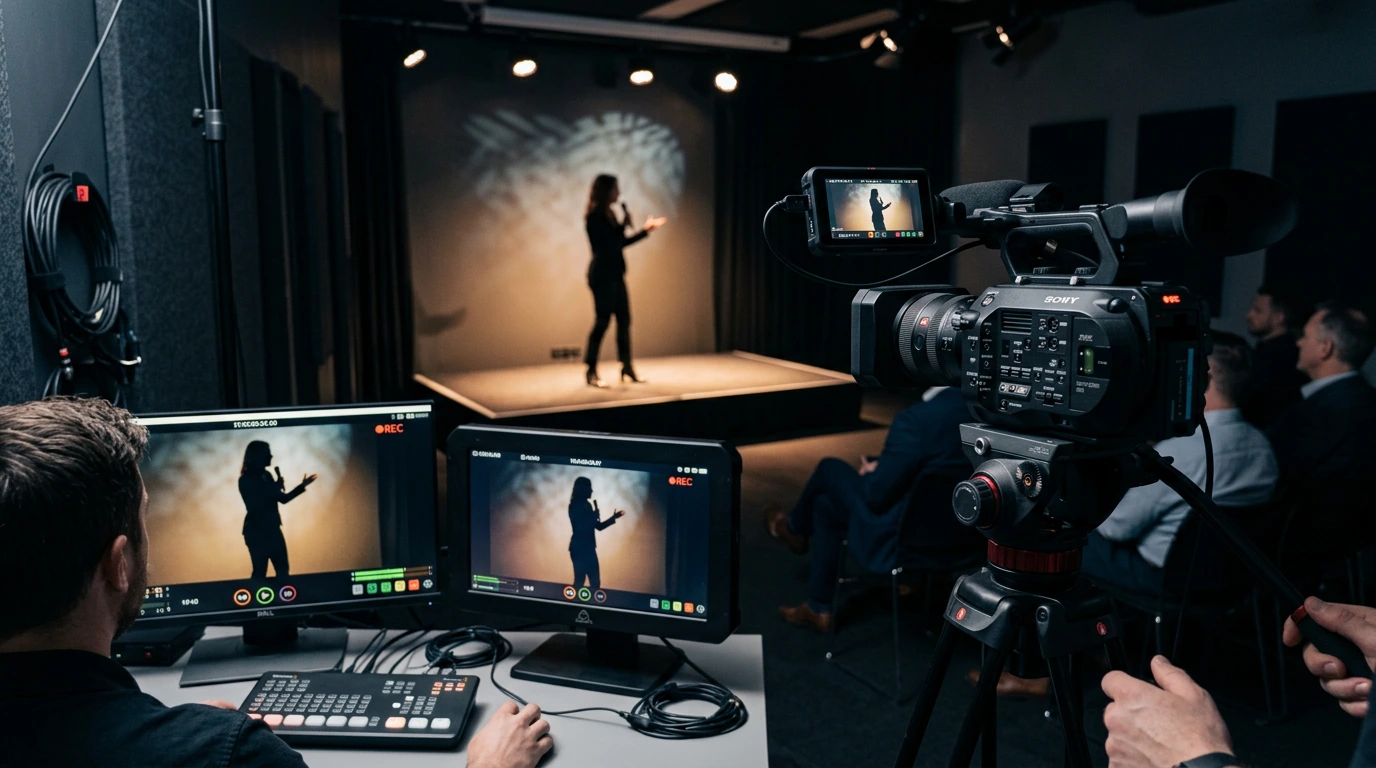 Video camera recording a presenter during a professional coaching session