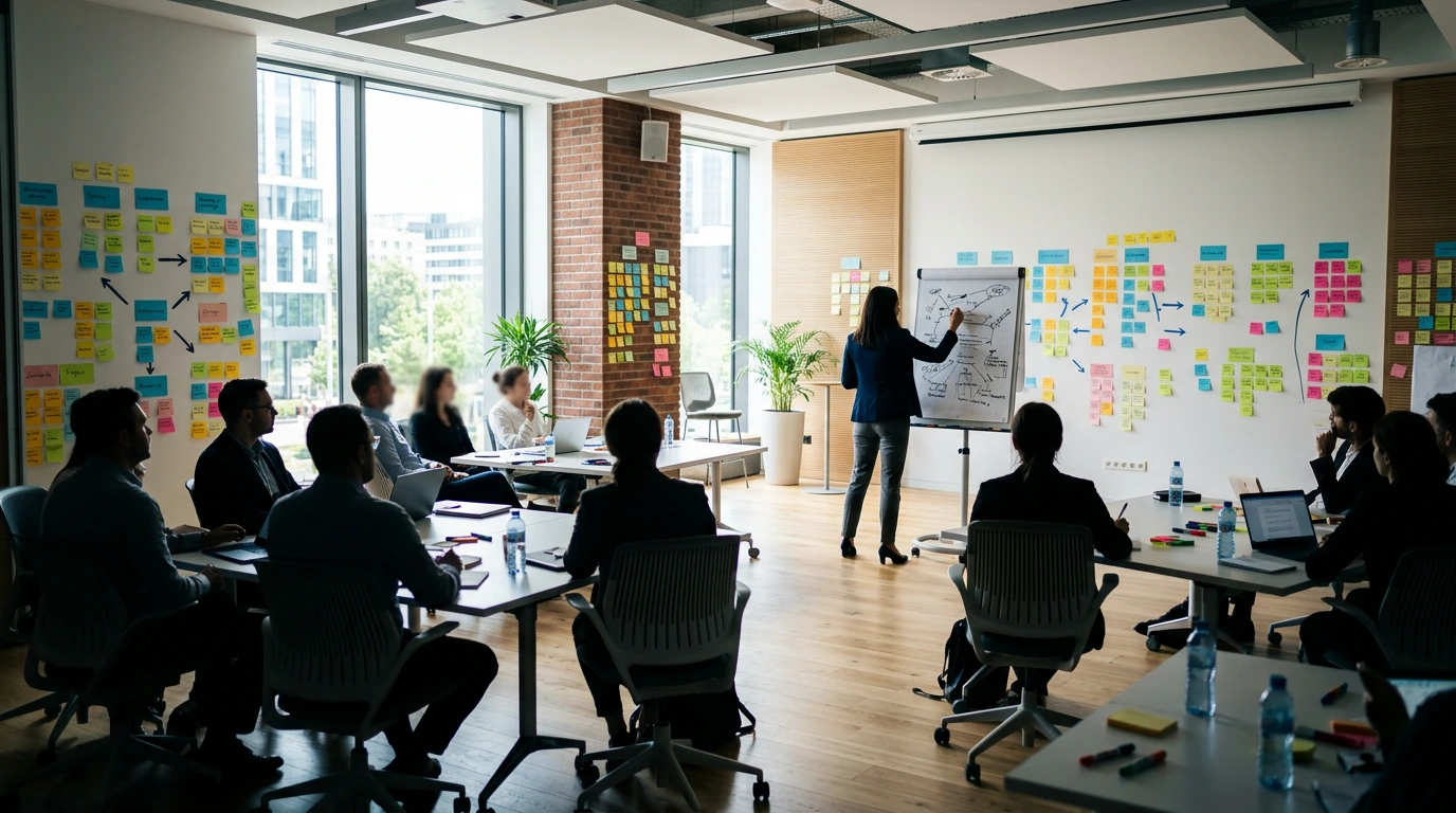 Modern training room with presenter at flip chart and workshop participants